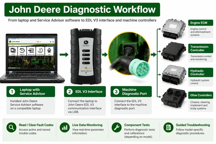 John Deere diagnostic workflow showing laptop, EDL V3 interface and machine ECU communication