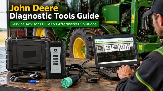John Deere diagnostic tool setup with laptop and EDL interface for equipment troubleshooting
