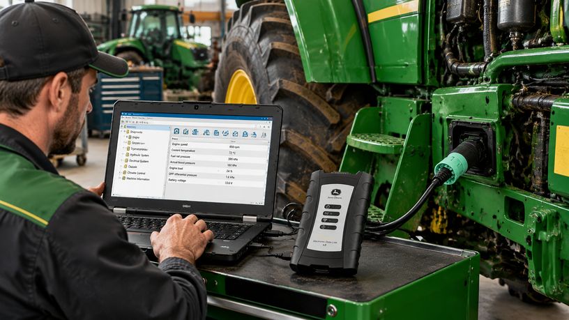 Technician using diagnostic equipment to check John Deere machine fault codes