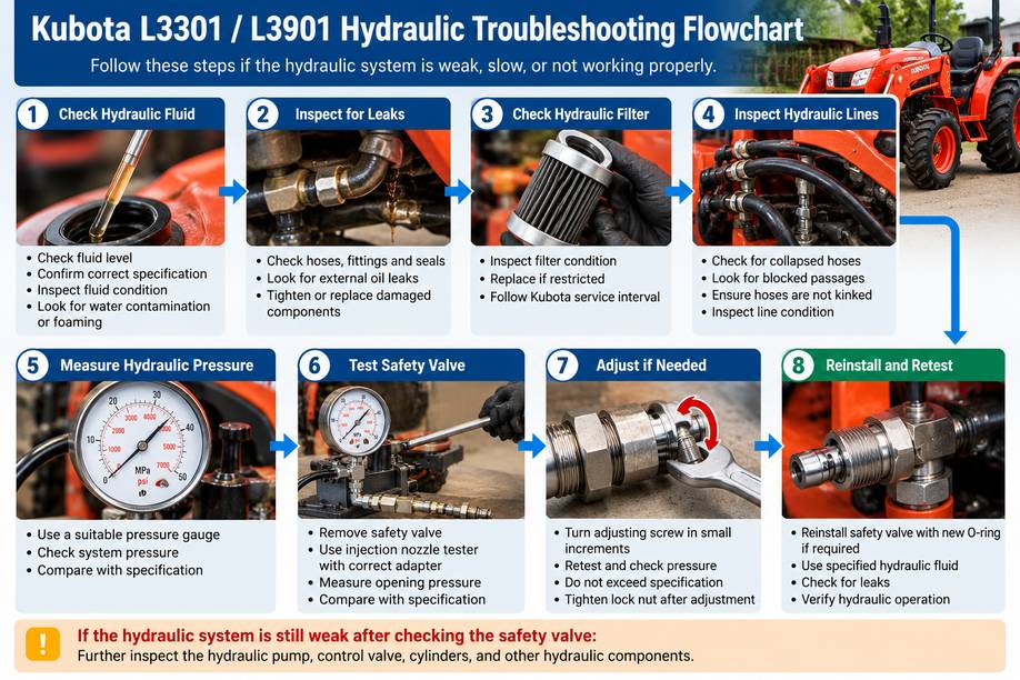 Kubota L3301 L3901 hydraulic troubleshooting flowchart
