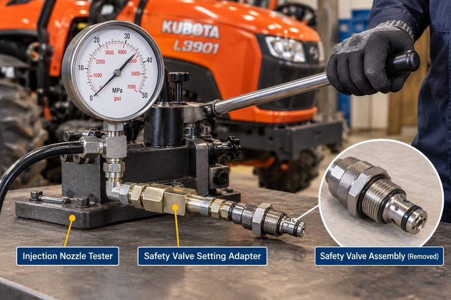 Kubota L3301 L3901 safety valve pressure test setup